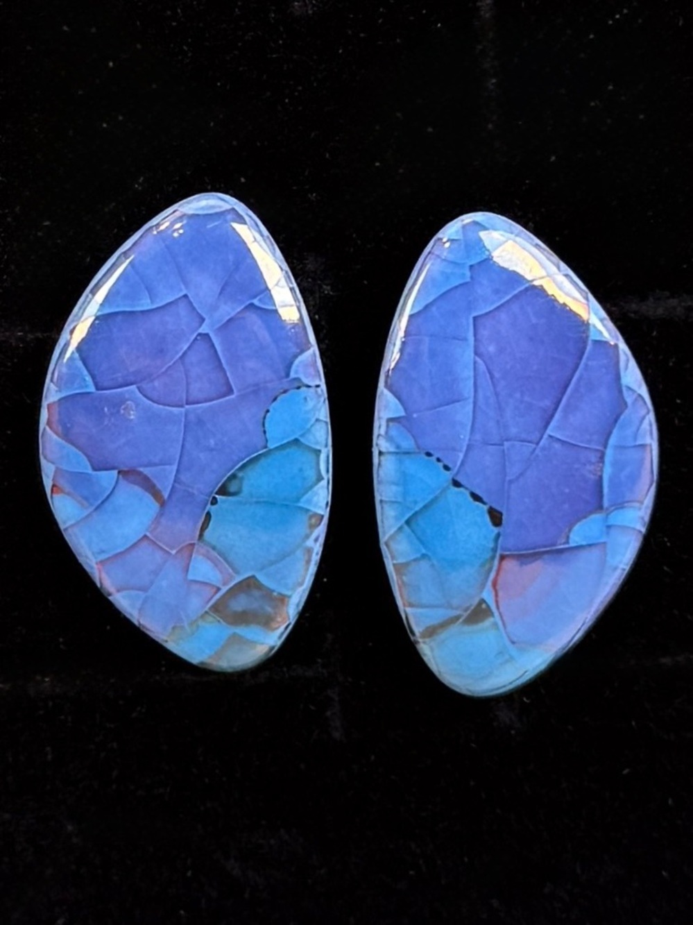 Vintage 80’s Blue Mosaic Style Custom Ceramic Pierced Earrings